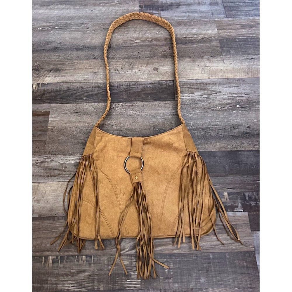 Women's Tan Fringe Shoulder Bag, Braided Strap, Magnetic, Pockets